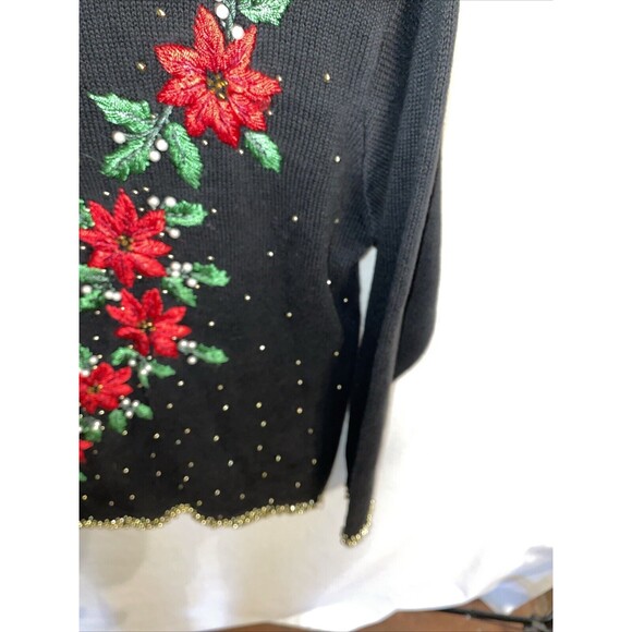 B.P. Design Women’s Christmas Sweater Size Small Black Floral Holly Gold Beads - Picture 7 of 12